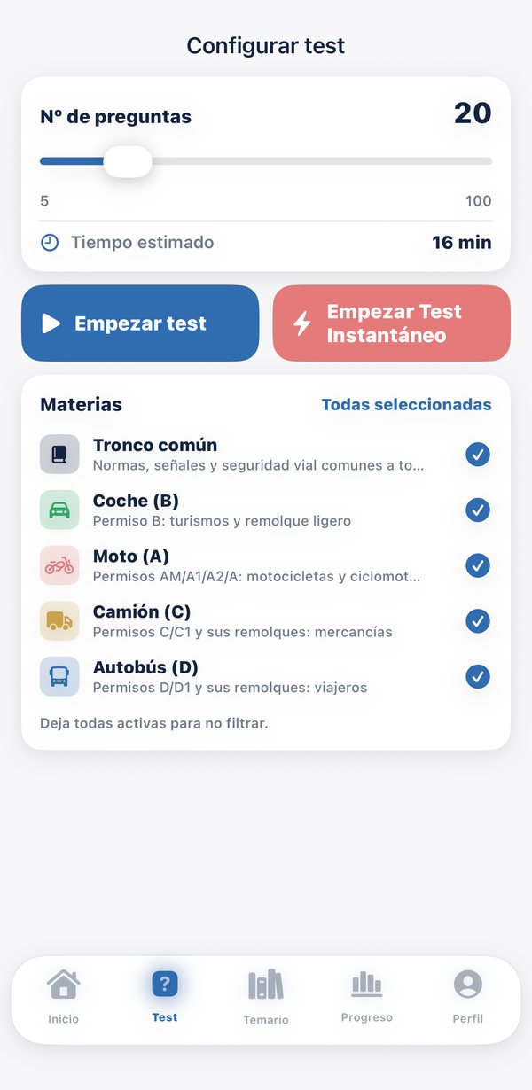 Configurar test: número de preguntas, tiempo estimado y materias