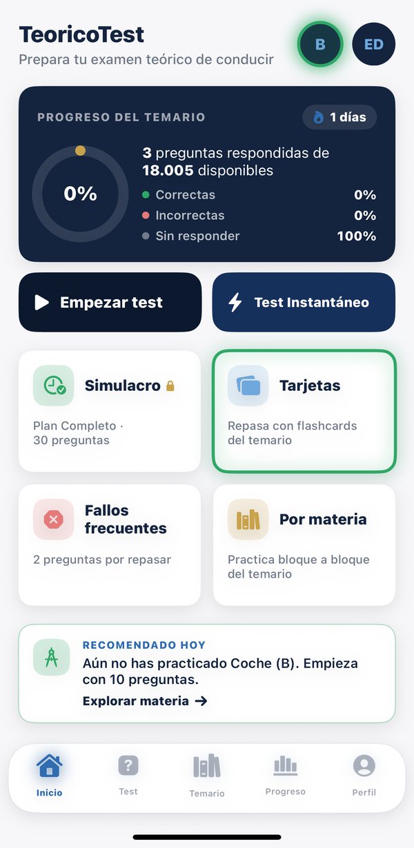 Pantalla de inicio de TeoricoTest con el progreso del temario