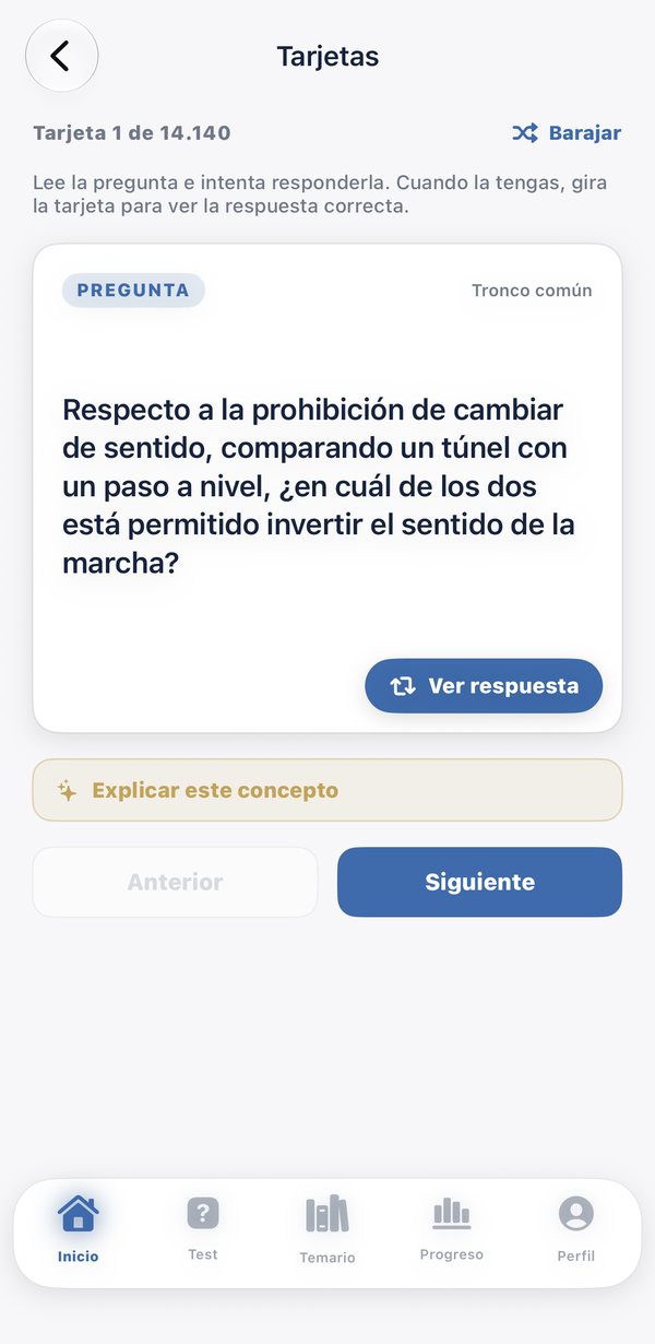 Modo Tarjetas para repasar el temario