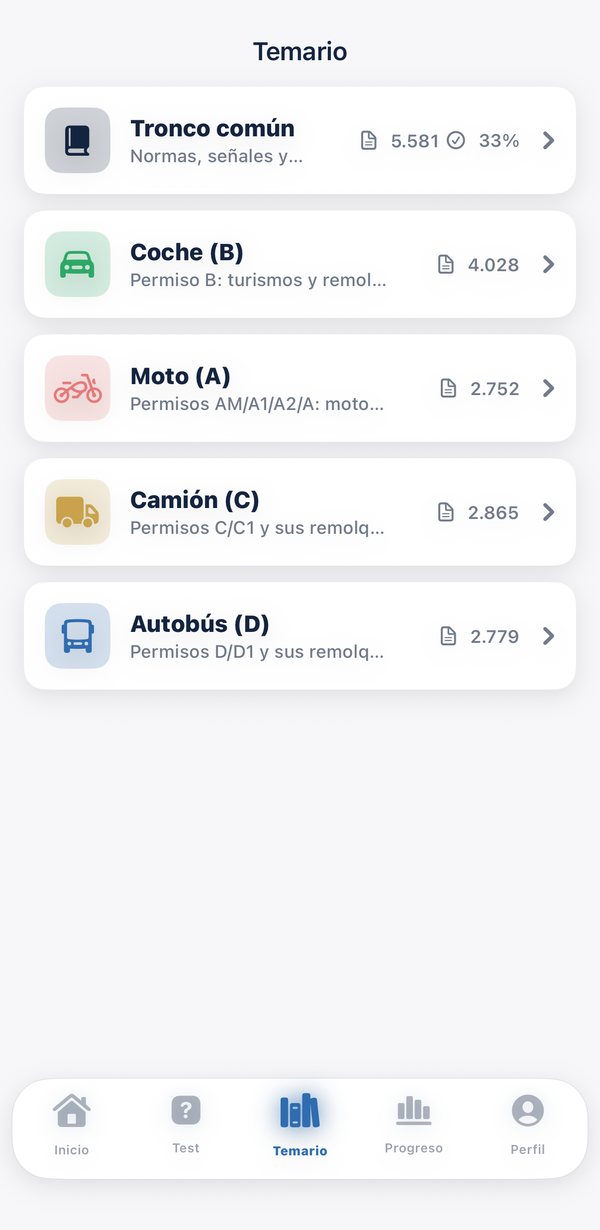 Temario por materias: tronco común, coche, moto, camión y autobús