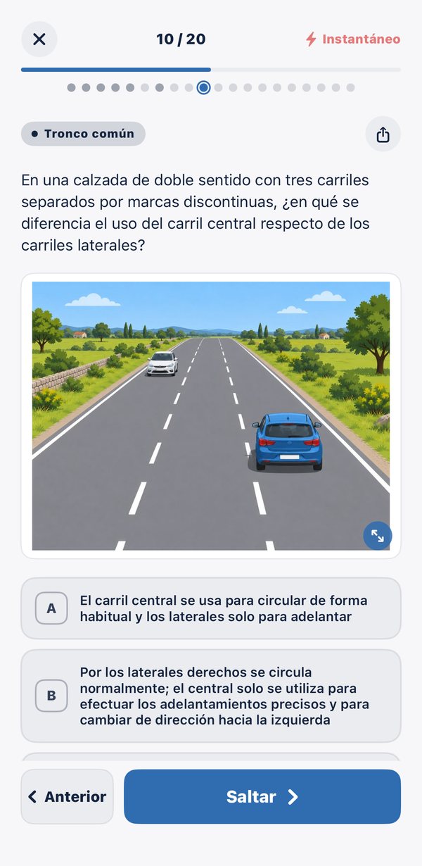 Pregunta del test con imagen de una calzada de tres carriles